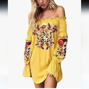 R.Vivimos Floral Embroidered Off Shoulder Long Sleeve Mini Dress Bohemian Hippie